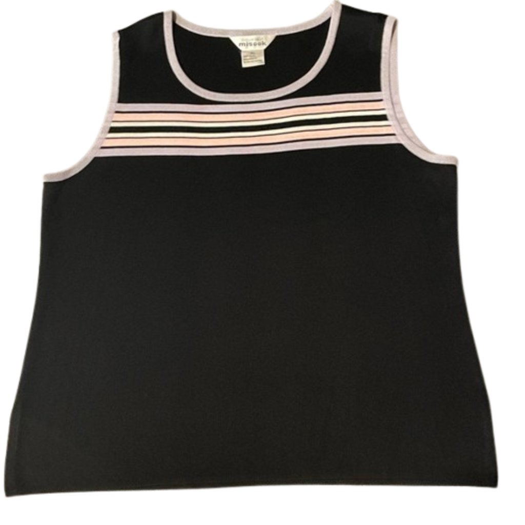 Misook Black Knit Tank Top Lilac Trim Sleeveless Size Xl
